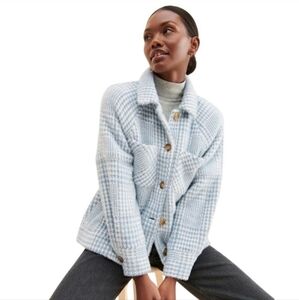 ANTHROPOLIGIE GREYLIN Blue White Houndstooth Shirt Shacket Jacket